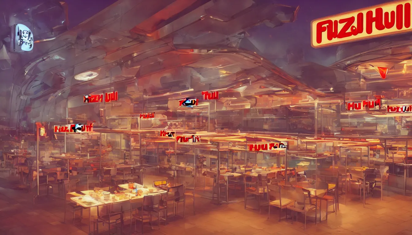 Prompt: futuristic Pizza Hut at night, trending on artstation