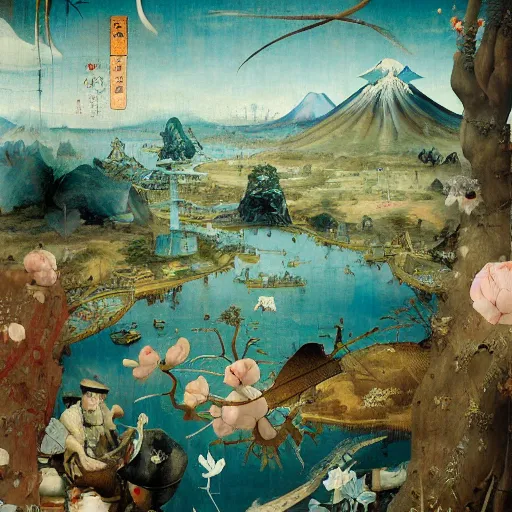 Image similar to Japanese Landscape by Hieronymus Bosch and James Jean, Ross Tran, hypermaximalist, 8k, surreal oil painting, highly detailed, dream like, masterpiece