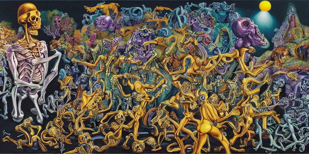 Image similar to Action scene from the film ghost in the machine with skeletons dancing in front of a waterfall, imaginary animals, golden hour, backlit by an alien planet, sharp focus, psychedelic manga, gauche on paper by salvidor dali, abstract oil painting by Raqib Shaw, MC Escher illustration