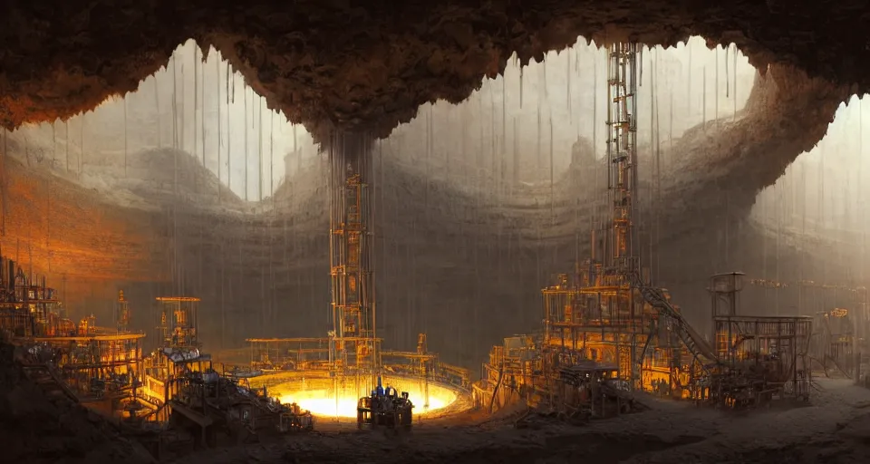 Prompt: a highly detailed digital matte painting of a high-tech smelting pit in a cave, workers, long wide systems of pipes, huge vats, by Raphael Lacoste and Stephan Martiniere and Peter Mohrbacher and Robert McCall, volumetric lighting, hyperdetailed, octane render, 8k H- 640