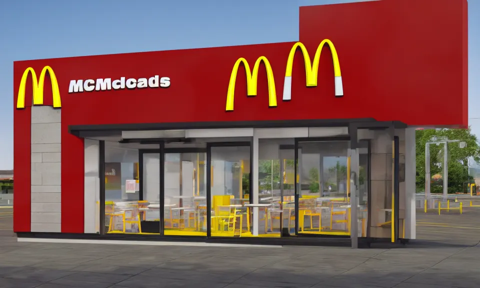 Prompt: exterior shot of a mcdonalds, abstract architecture, archviz, render, highly detailed, 4 k, surrealistic, ultra realism