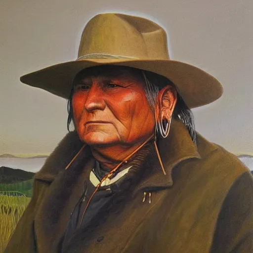 Image similar to painting of chief joseph, in the style of andrew wyeth, award winning, detailed, 4 k, hd