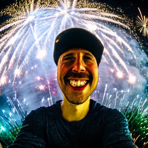 Prompt: Fisheye lens photograph taken 1 inch from a handsome man's face as he smiles widely fireworks in the background