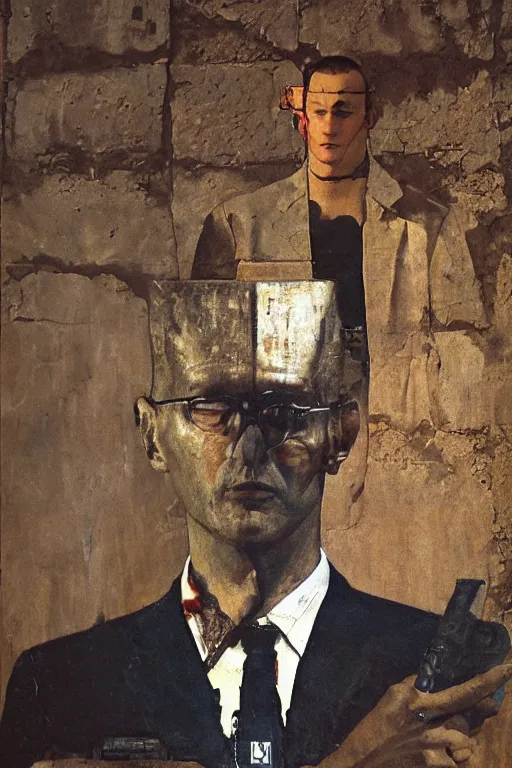 Prompt: a closer personal portrait of the zodiac killer, very charismatic. in the old ancient temple of luxor. masterpiece, dark. painted by norman rockwell and james gurney