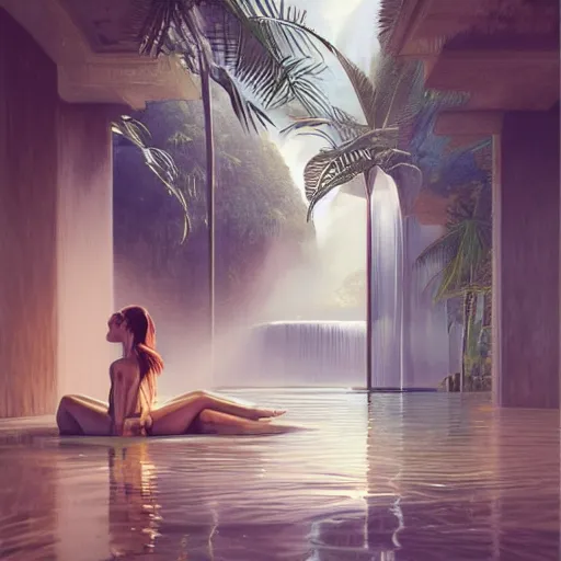 Prompt: waterfall, indoor liminal space, golden light, greg rutkowski, palm trees, pink door, minimalistic, hyperrealistic surrealism, award winning masterpiece with incredible details, epic stunning, infinity pool mirrors, a surreal vaporwave liminal space with mirrors, highly detailed, trending on artstation, artgerm and greg rutkowski and alphonse mucha, daily deviation