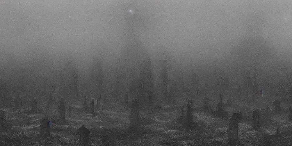 Image similar to wide view of ash covered graveyard, ashen mist, void black holes, eldritch, beksinski,