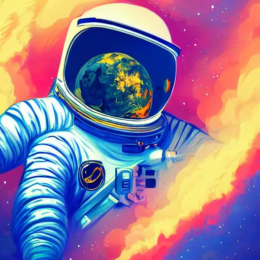 Image similar to an astronaut abserving a beautiful vista on an strange colorful world, digital painting, trending on artstation