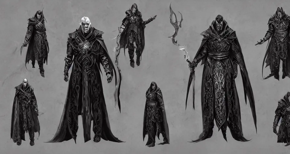 Prompt: A full body portrait character sheet of an evil looking Human sorcerer in Master sorcerer's ornate robes, video game concept art by Wizards of the Coast, Magic The Gathering, Blizzard, Games Workshop, Greg Rutkowski, Craig Mullins, WETA, Elder Scrolls.