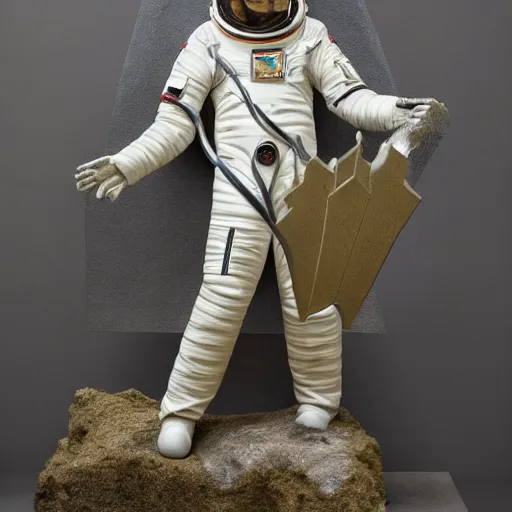 Image similar to [Sculpture of St.Georges, dressed as a cosmonaut, slaying a rich man in the style of futurist brutalism, concrete, in an art gallery]