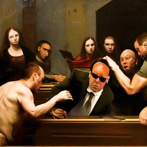 Image similar to alex jones fighting alex jones in a courtroom, golden ratio, renaissance painting,