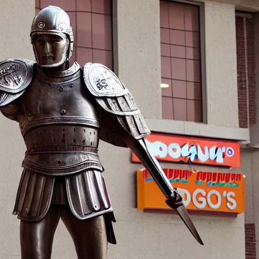 Image similar to cinematic shot of julius caesar wearing roman armor and standing outside of a dunkin donuts store, 8 k, very detailed, very intricate,