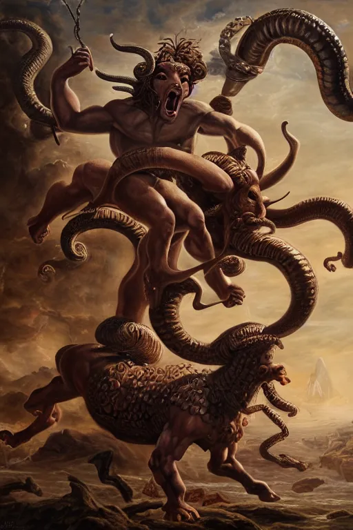 Image similar to minotaur vs medusa gorgon, realistic, detailed, highly detailed, hyper detailed, high definition, extremely detailed oil painting, beautiful composition, trending on artstation, award - winning photograph, masterpiece, intricate, portrait, 8 k highly professionally detailed, hdr, cgsociety