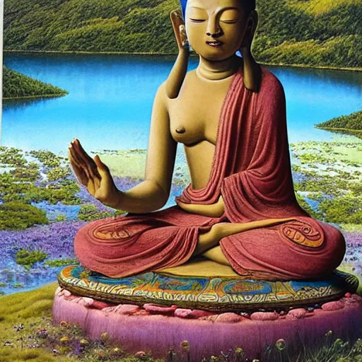 Image similar to contented peaceful biracial!!! female bodhisattva, praying meditating, in a scenic environment, by james christensen and alan bean