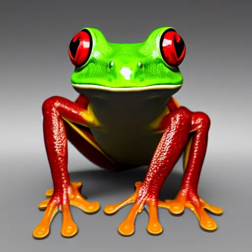 Prompt: a red - eyed tree frog with eye patch, 3 d model, high quality, sharp focus