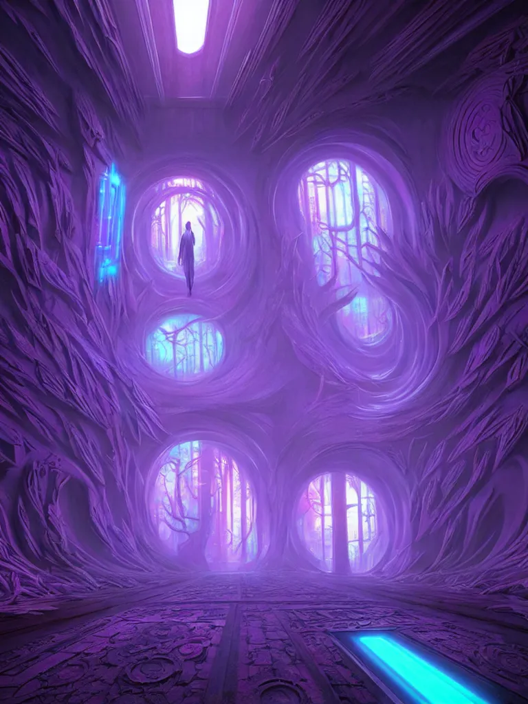 Image similar to entrance to ethereal realm, matrix enlightenment, rendered in unreal engine, central composition, symmetrical composition, dreamy colorful cyberpunk colors, 6 point perspective, fantasy landscape with anthropomorphic!!! terrain!!! in the styles of igor morski, jim warren and rob gonsalves, intricate, hyperrealistic, volumetric lighting, neon ambiance, distinct horizon