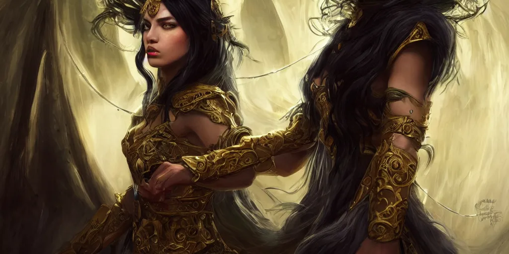 Image similar to a young beautiful oracle with long black hair weavering golden string of magic, barroque painting, ultra realistic. cinematic, dynamic. magic the gathering style. epic fantasy, insanely detailed, 4k, symmetrical face, rpg character reference. gourgeous.