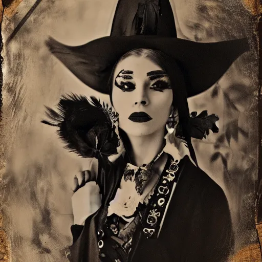 Prompt: black raven feathers , darkening the sky a mariachi band steampunk rose large ears and uncut, a wetplate daguerrotype trending on deviantart