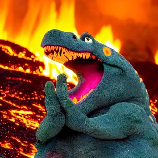 Prompt: Barney the dinosaur gets burned alive from lava coming down a volcano. pain is in his eyes