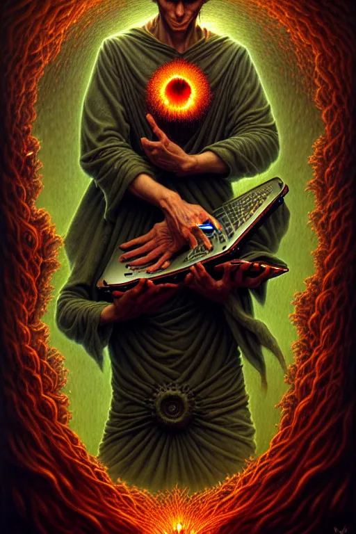 Image similar to The Software Developer, tarot card, by tomasz alen kopera and Justin Gerard, computer nerd, matrix text, thinkpad, hackerman, symmetrical features, ominous, magical realism, texture, intricate, ornate, royally decorated, whirling red smoke, embers, radiant colors, fantasy, trending on artstation, volumetric lighting, micro details, 3d sculpture, ray tracing, 8k, anaglyph effect