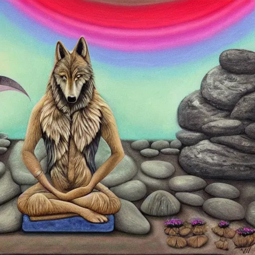 Image similar to an anthromorphic wolf man meditating in a zen garden, by amanda clark and amanda sage in a psychedelic style, oil on canvas