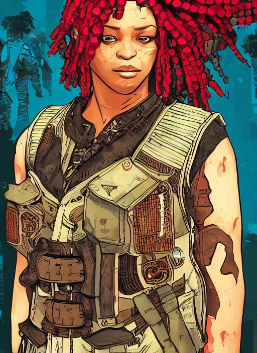 Image similar to maria igwe. cyberpunk mercenary in combat vest. portrait illustration, pop art, splash painting, art by geof darrow, ashley wood, alphonse mucha, makoto shinkai