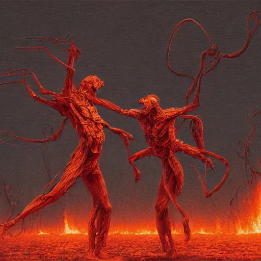 Image similar to two demons dance ballet in hell with ethernet cables!!! wrapped around their arms, trees burn! beksinski, dariusz zawadzki, very coherent symmetrical artwork. cinematic, hyper realism, high detail, octane render, 8 k