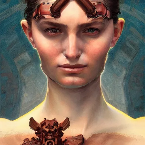 Prompt: digital ar of devil in rusty armor, portrait, digital painting, artstation, concept art, beautiful face, symmetric face, cinematic, by Artgerm and Greg Rutkowski and Alphonse Mucha,