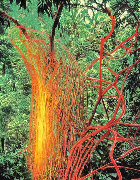 Image similar to vintage color photo of a giant 1 1 0 million years old abstract sculpture made of light covered by the jungle vines