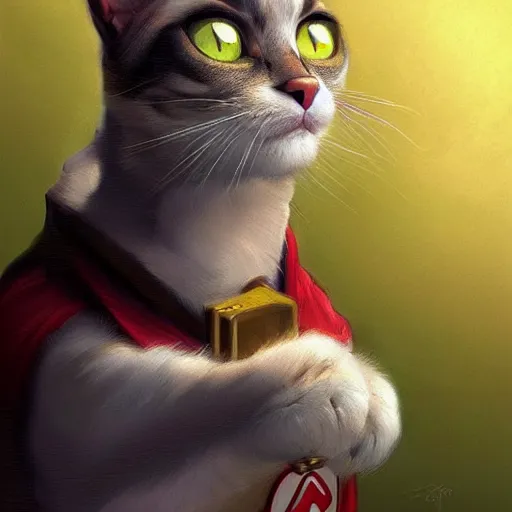 Image similar to Portrait of a Cat as Super Mario, nintendo, highly detailed, digital painting, artstation, concept art, smooth, sharp focus, illustration, art by artgerm and greg rutkowski and alphonse mucha
