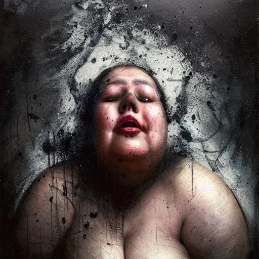 Image similar to portrait of the face of big fat old sumoringer as despair from sandman, venus of willendorf, by jeremy mann, by gregory crewdson, by bastien lecouffe deharme, by russ mills, sad face, topknot, black hair, mourning, black eyes, white room, soft lightning, high detailed, 8 k