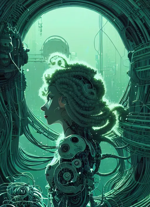 Image similar to highly detailed portrait of a biopunk long curly white hair tribal lady, stray wiring by atey ghailan, james gilleard, by joe fenton, by greg rutkowski, by greg tocchini, by kaethe butcher, 4 k resolution, gradient green, black and white color scheme!!! ( ( irradiated robotic mountain landscape background ) )