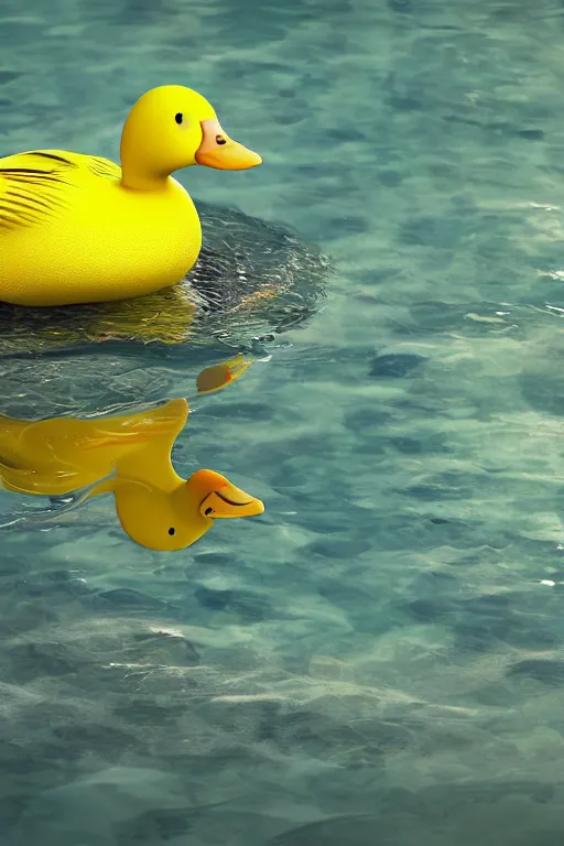 Image similar to bright yellow duck swimming on water, octane render, 3 d digital art by beeple, unreal engine 5, award winning, refraction, reflection