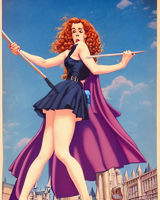 Image similar to pinup photo of of hermione granger by emma watson in the crowded square of hogwarts, by jean giraud, kezie demessance, gil elvgren, james jean, enoch bolles, glossy skin, pearlescent, anime, very coherent, flat, long shot