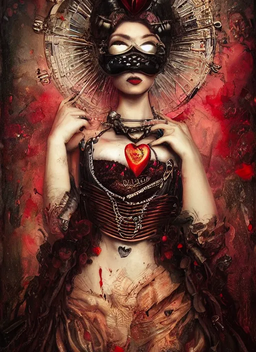 Image similar to queen of hearts, steampunk googles, highly detailed, cinematic, 8 k, by megan duncanson, benjamin lacombe, adrian borda, stanley artgermm, tom bagshaw, craig mullins, carne griffiths, ayami kojima, beksinski, giger, trending on deviantart, hyper detailed, horror, full of colour