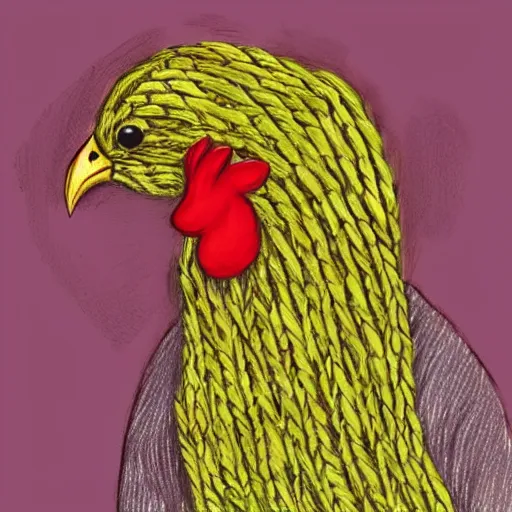 Image similar to A chicken knitting a scarf, color drawing