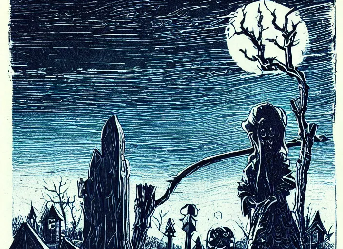 Prompt: blue woodcut print, cartoon halloween ghost in graveyard at midnight by greg rutkowski, fine details, highly detailed