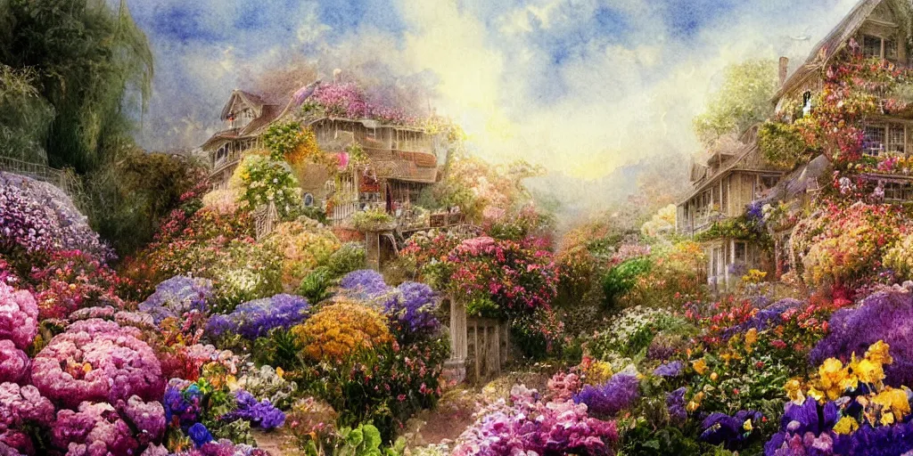 Prompt: a hiper intricate watercolor of a beatifull house made from big flowers in the serene field, intricate, highly detailed, digital painting, artstation, concept art, extremely detailed, sharp focus, wide view, smooth, digital illustration, colorfull, by william turner art, by greg rutowski, by carl larson, by edmund dulac