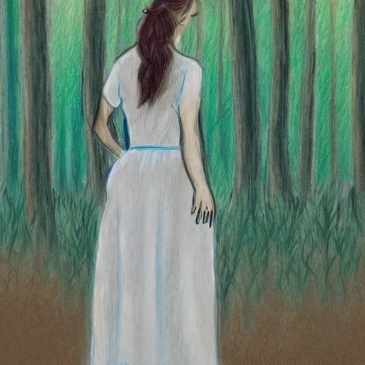 Image similar to a drawing of a woman in a white dress in a forest