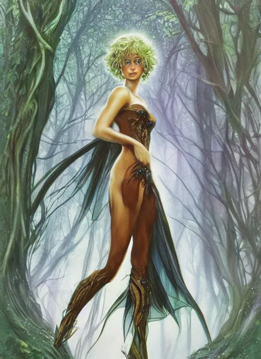 Prompt: portrait sylph princess, black iron crown, diamond shimmering dress, strong line, deep color, forest, beautiful! coherent! by boris vallejo, by brian froud