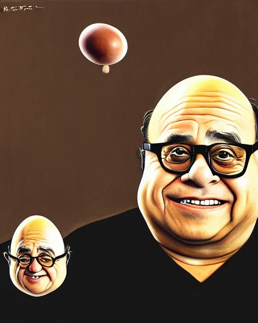 Image similar to painting portrait of danny devito as an egg, cartoon, warm lighting, danny devito has an egg body, movie poster, illustration by bartek fedyczak, erak note, tooth wu, neil richards, kan liu, siwoo kim, jisu choe, trending on art station