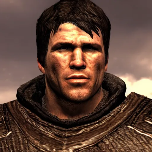 Image similar to character screenshot of chael sonnen, npc, skyrim, wilderness, 1 0 8 0 p, bokeh, elder scrolls v, detailed, dialog