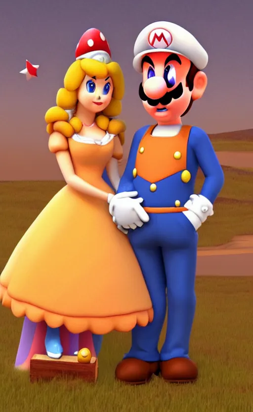 Prompt: Princess Peach and Mario as American Gothic by Grant Wood in the style of Mario Party, unreal engine, high quality render