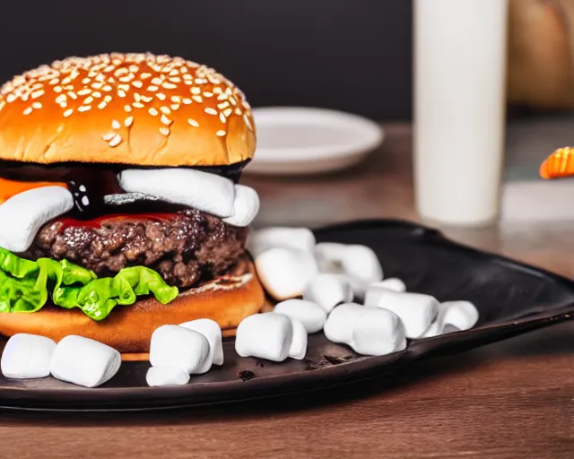 Prompt: dslr food photograph of burger with some marshmallows in it, some chocolate sauce, 8 5 mm f 1. 4