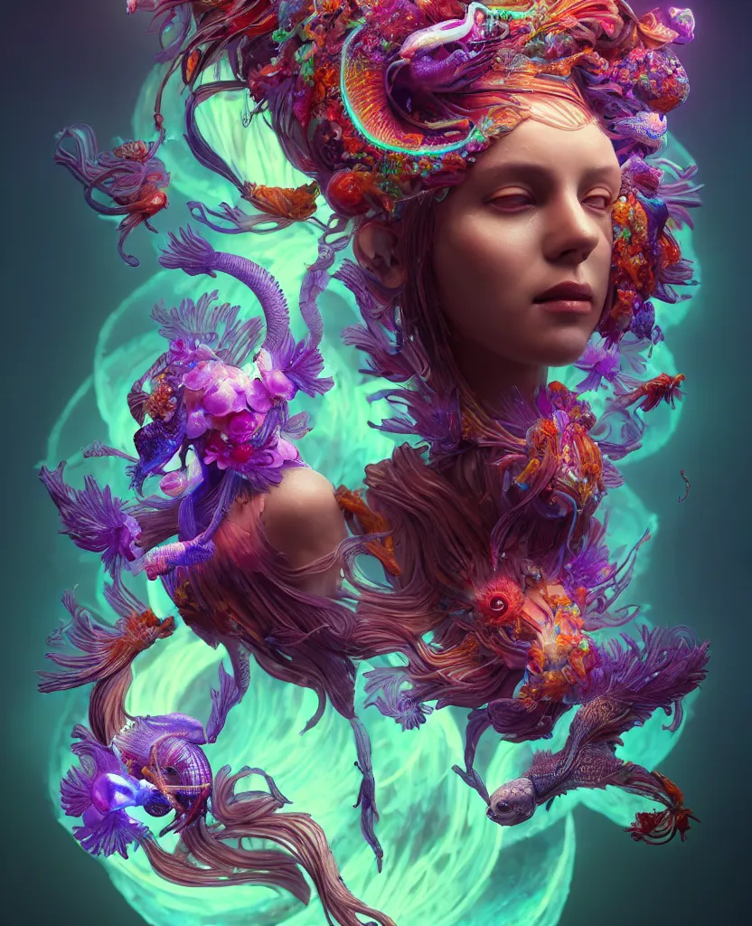 Image similar to goddess full color painted acryllic sculpture close-up portrait. orchid bird phoenix head, nautilus, skull, betta fish, bioluminiscent creatures, intricate artwork by Tooth Wu and wlop and beeple. octane render, trending on artstation, greg rutkowski very coherent symmetrical artwork. cinematic, hyper realism, high detail, octane render, 8k