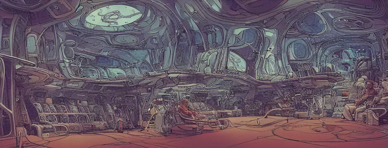 Prompt: cinematic shot of the interior of a sci - fi spaceship made with ornate biomachanical architecture and highly advanced technology, intricate linework, style of jean giraud moebius comic art