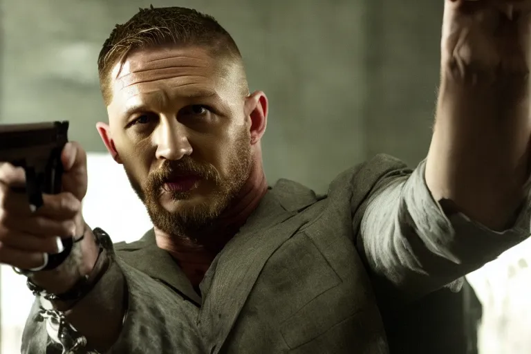 Image similar to film still of Tom Hardy as Max Payne in the Max Payne movie, 4k