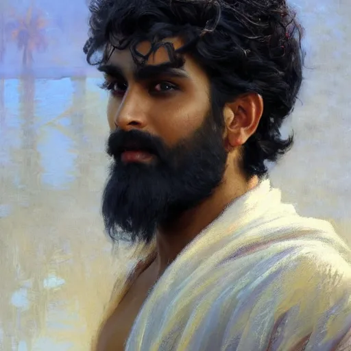 Image similar to detailed realistic cinematic wide shot of beautiful attractive indian man with beard and great haircut blue bath robe slim face symettrical face clean skin black eyes black robe smooth, sharp focus, ultra realistic, spring light, painting by gaston bussiere, craig mullins, j. c. leyendecker