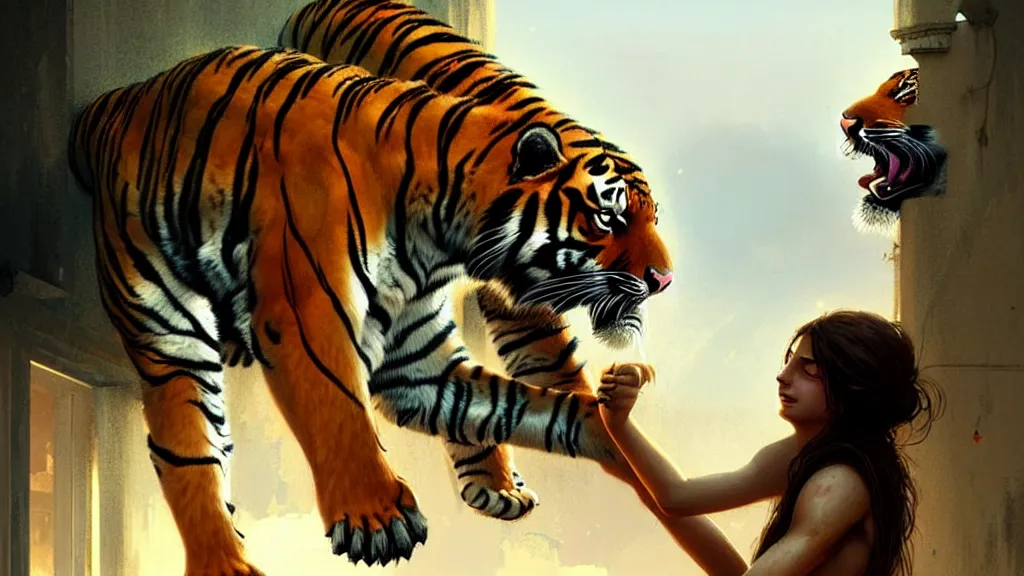 Prompt: the relationship between a girl and a tiger. they love each other, girl with beautiful woman body, detailed digital art by greg rutkowski.