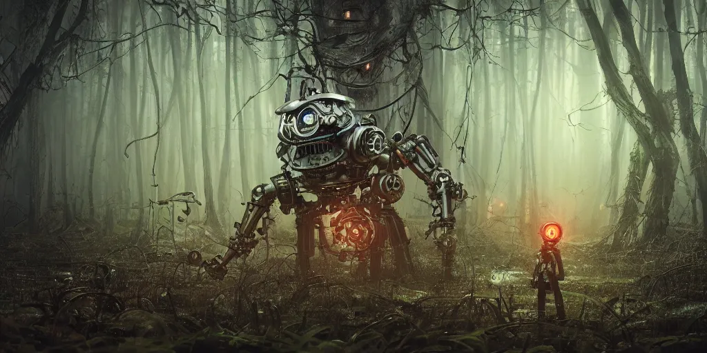 Prompt: mechanical steampunk robot with large head and two ((glowing)) eyes in haunted swamp surrounded by dense forest with vines hanging from trees, scattered fireflies, desaturated, creepy ambiance, fog, sharp focus, hughly detailed, eerily beautiful, cgsociety, artgerm