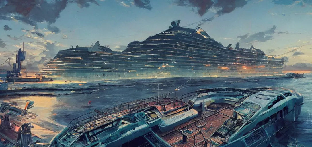 Image similar to an abandoned cruise ship in the River Thames, syd mead style, futurism, cinematic shot, hyper realistic, hyper detailed